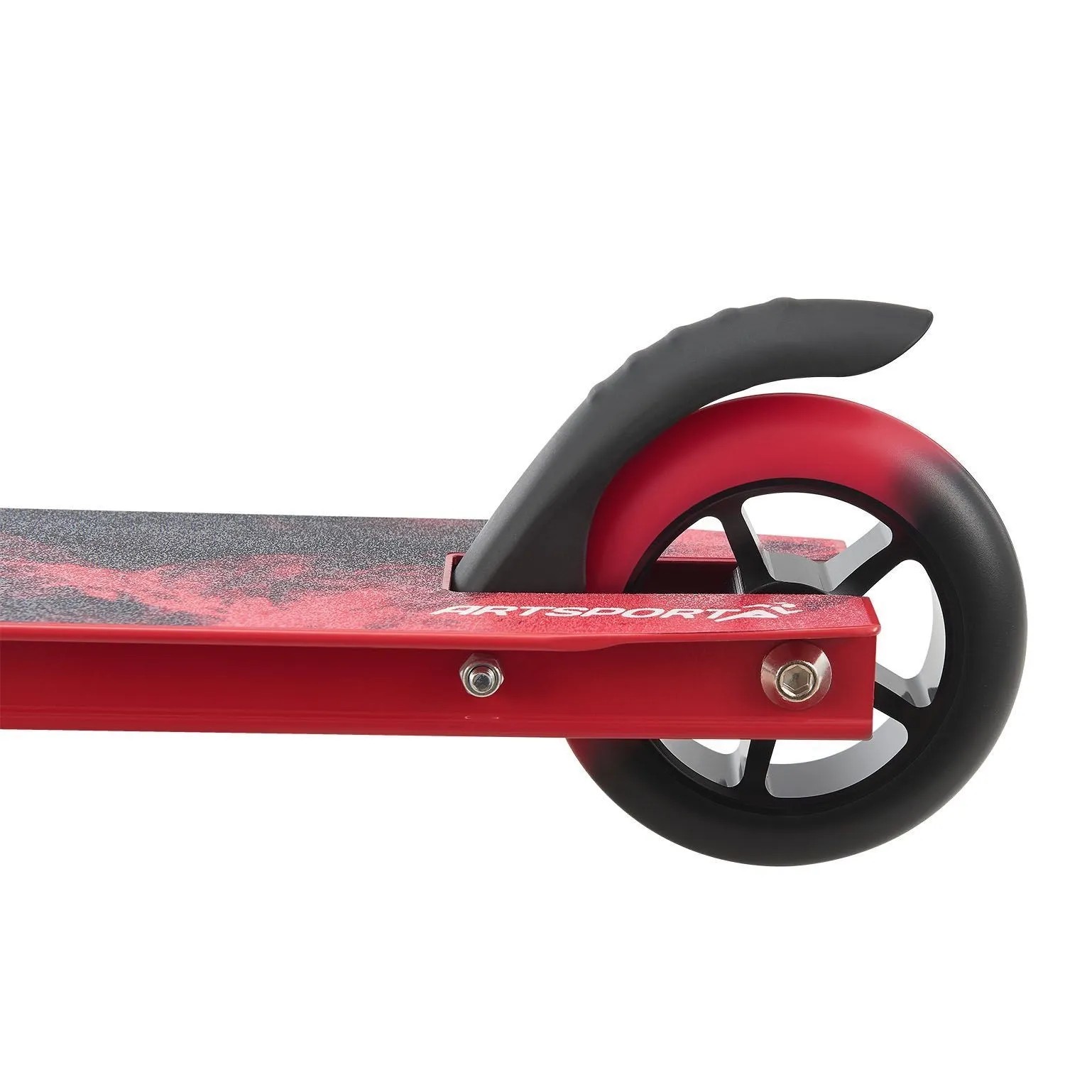 ArtSport Stuntscooter Red Smoke: Rotes Alu-Deck mit Griptape, rotes Hinterrad mit schwarzem Verlauf und Bremse.