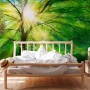 Fototapete Wald mit Sonnenstrahlen in Grün, Gelb und Braun hinter einem Bett. FSC®-zertifiziert.