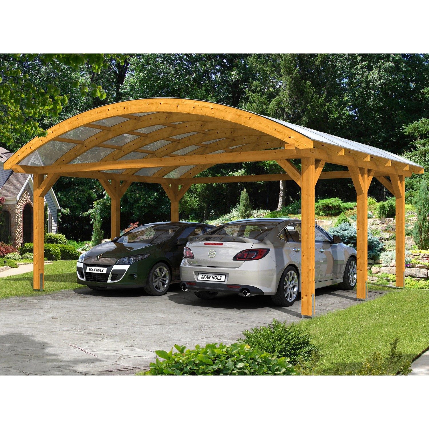 Skan Holz Bogendach-Carport Franken 635 cm x 541 Eiche hell