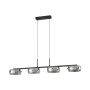 Moderne Lucande LED Pendelleuchte Martis, schwarz, mit 4 rauchgrauen Glas-Schirmen. Dimmbare Wohnzimmerlampe.