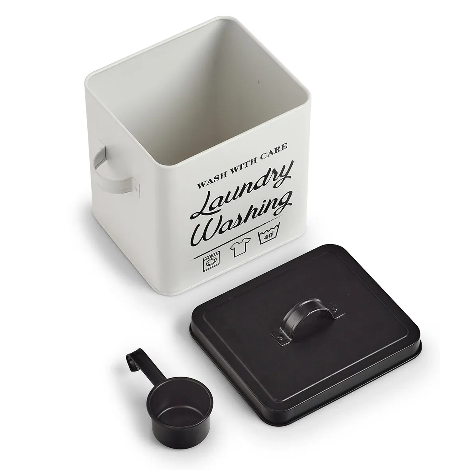 Weiße Waschpulverbox aus Metall mit schwarzem Deckel und Dosierlöffel.