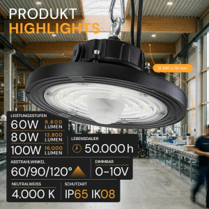 ENOVALITE LED HighBay UFO 60-100W 4000K Neutralweiß Hallenstrahler Dimmbar Verstellbarer Abstrahlwinkel IP65 Schwarz