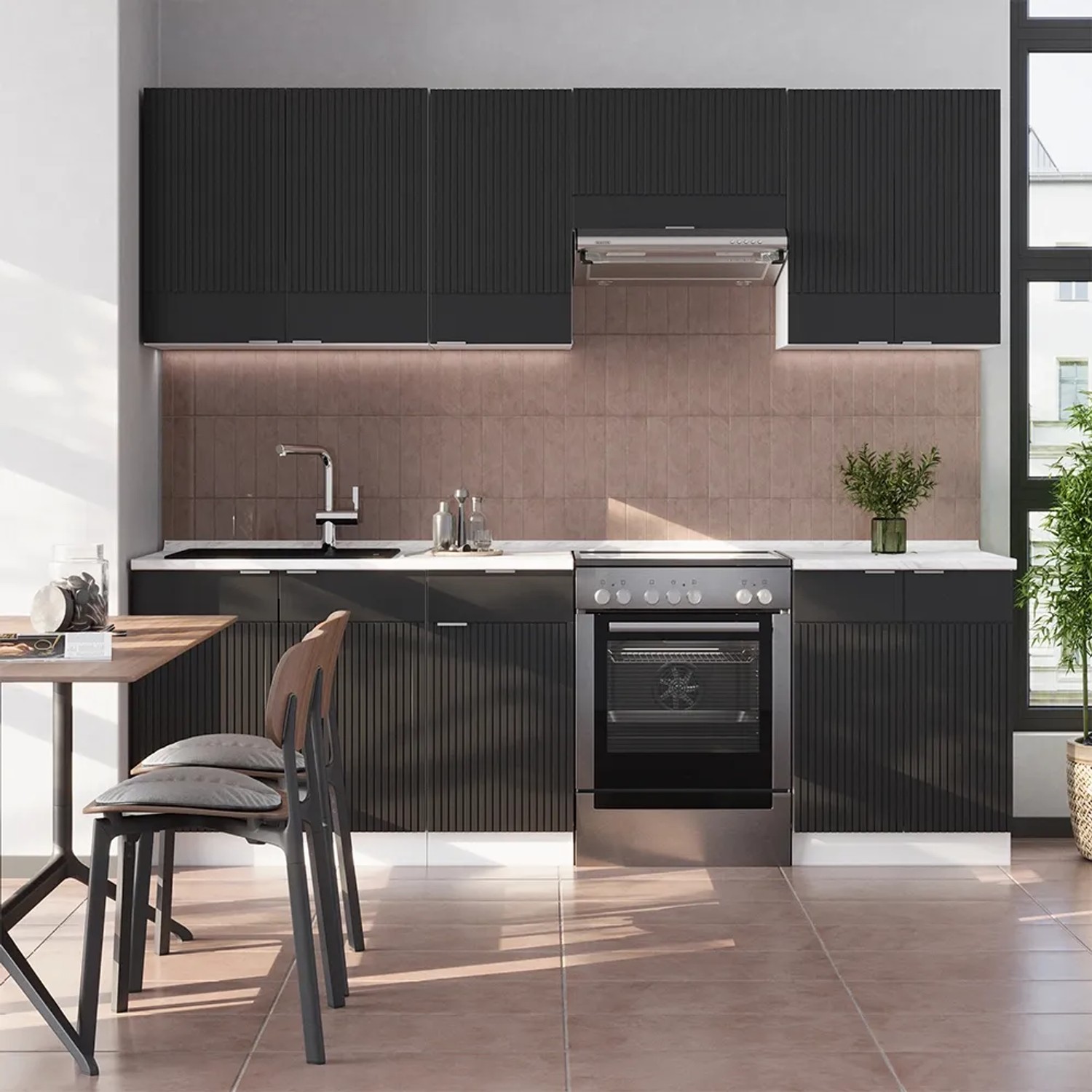 Vicco Fame-Line Küchenzeile, 240 cm, Schwarz gestreift/Weiß mit Marmor Arbeitsplatte.
