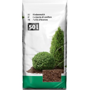 Sack Rindenmulch 50L mit Abbildung von Pflanzen und Mulch, zur Bodenabdeckung und Unkrautunterdrückung.