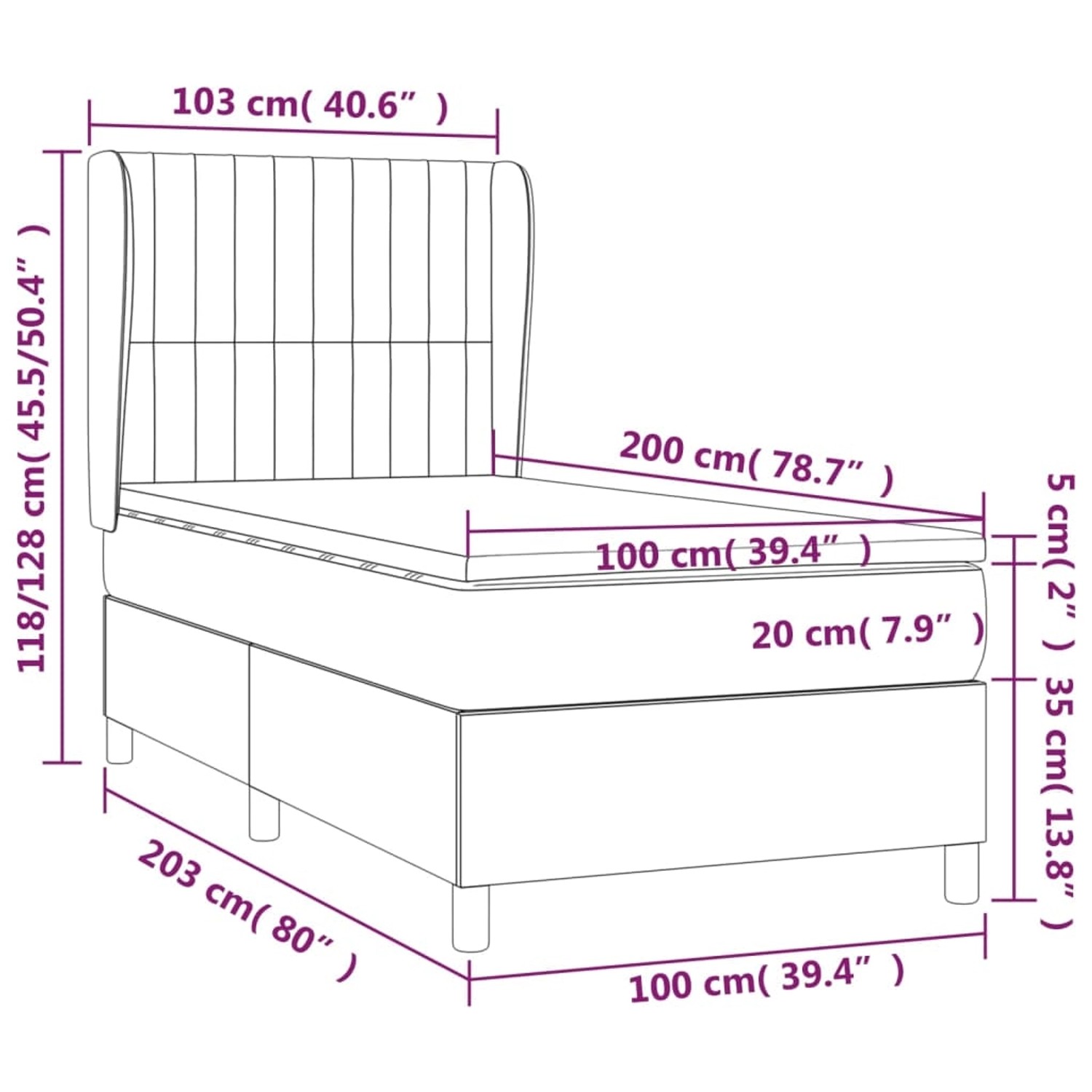 vidaXL Boxspringbett dunkelblau 100x200 cm mit Matratze, Samt. Bett mit Kopfteil und Matratzenauflage. Schemazeichnung mit Maßen.