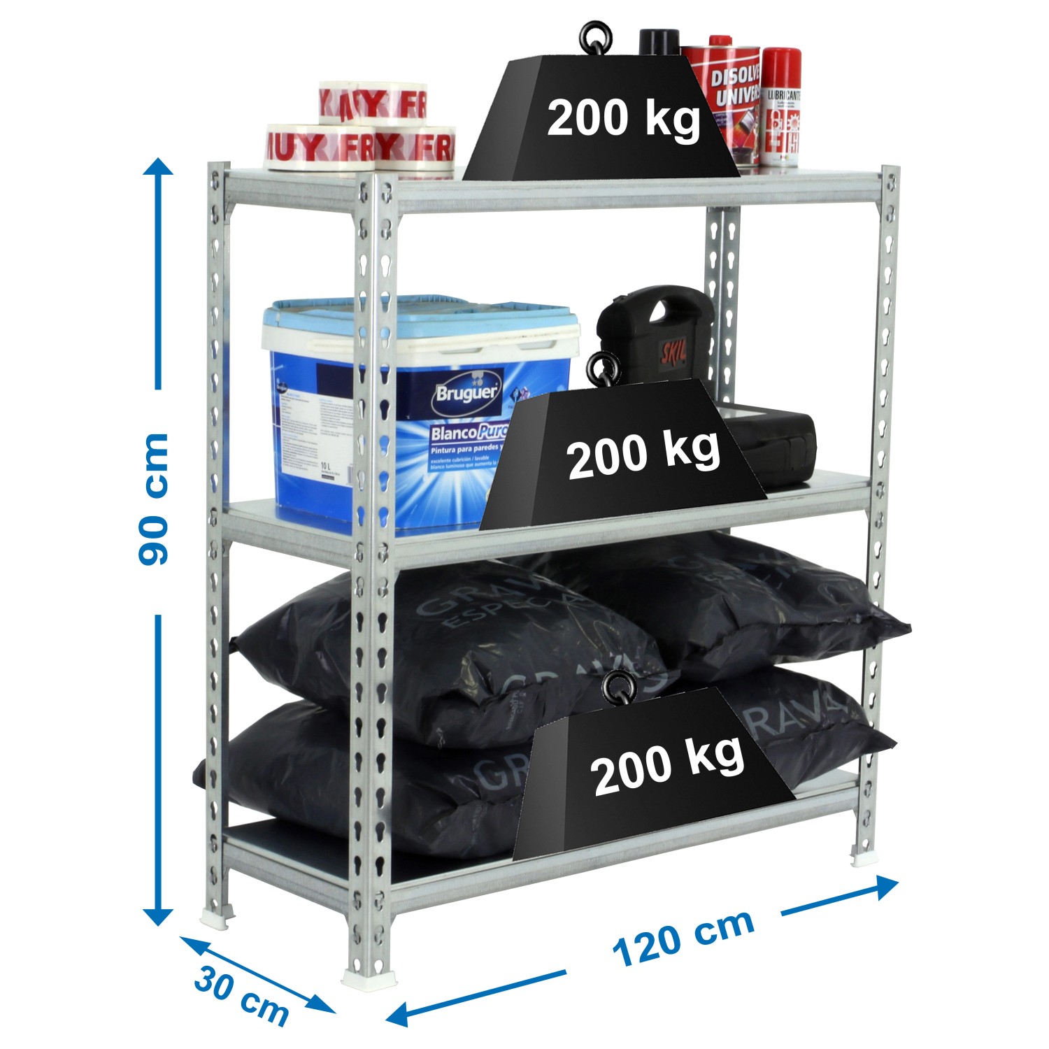 Verzinktes PROREGAL Schwerlastregal (90x120x30 cm) mit drei Ebenen, belastet mit je 200 kg.