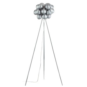 Moderne Lucande Stehlampe Diborah mit Alu-Gestell und Glas-Kugelschirm, 150cm hoch.