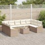 Beiges 10-teiliges vidaXL Garten-Sofa-Set aus Poly Rattan mit Tisch und Polstern.