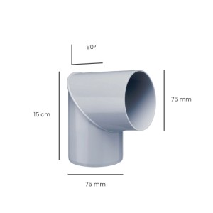 Grauer Inefa PVC Rohrbogen 80 Grad für Fallrohr DN 75. Dachentwässerungselement, 15 cm hoch, 75 mm Durchmesser.