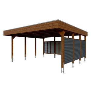 Skan Holz Carport Friesland Hybrid Nussbaum mit Alu-Trapezprofilen und Flachdach.