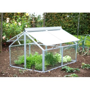 Vitavia Frühbeet Gaia Jumbo mit ESG Glas, Alu-Rahmen, 83x119x72cm, im Garten mit Pflanzen.