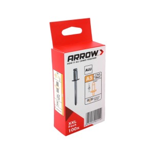 Rote Arrow Blindnieten RA Alu 5x10mm Packung mit 100 Stück. Zeigt Produktverpackung mit Niet-Diagramm.