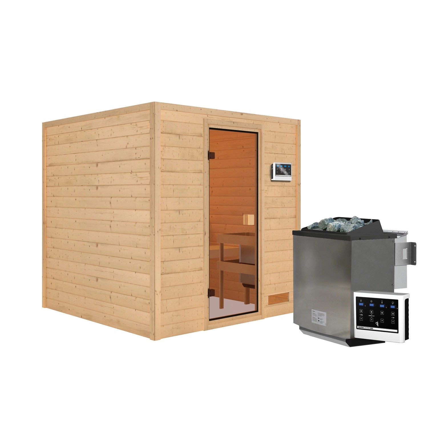 Karibu Sauna Jara Set Naturbelassen mit Ofen 9 kW Bio ext. Steuerung