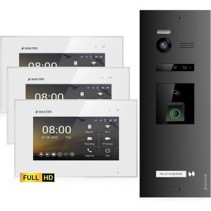 Balter EVO-HD Video-Türsprechanlage mit 3 Monitoren und Fingerprint-Sensor, Türstation in Schwarz, Monitore in Weiß.