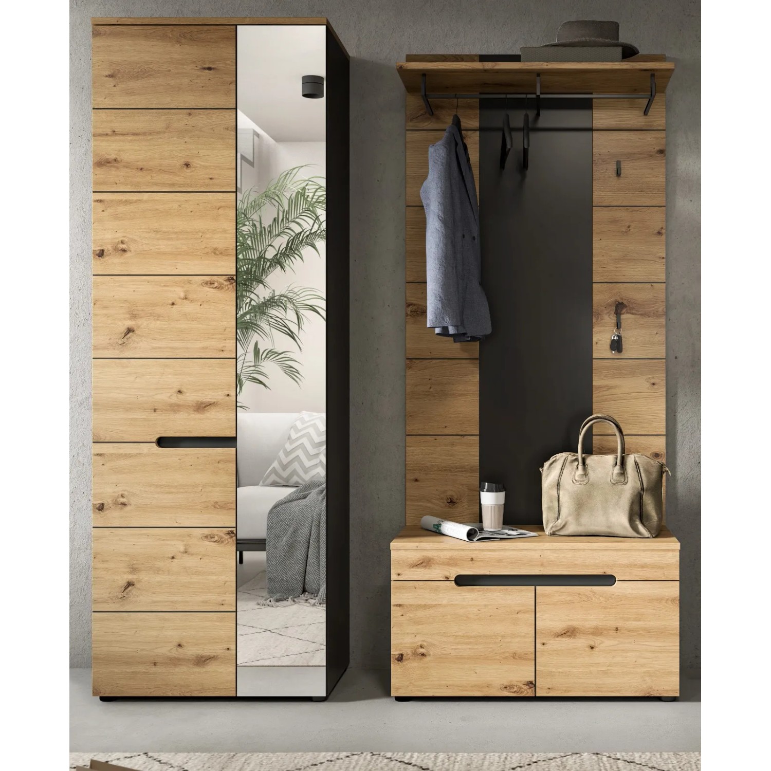Inn.Furn Garderoben-Set 3-teilig in Eiche und Grau 160 cm Cooper_2