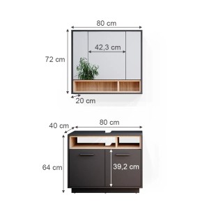 Vicco Badmöbel-Set Beatrice, anthrazit/Sonoma, 2-teilig: Spiegelschrank und Waschbeckenunterschrank mit Maßangaben.