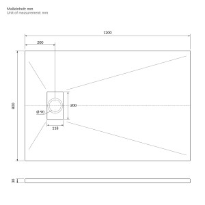 Technische Zeichnung der schwarzen LuxeBath Duschwanne 120x80 cm mit Maßen und Ablaufgarnitur.