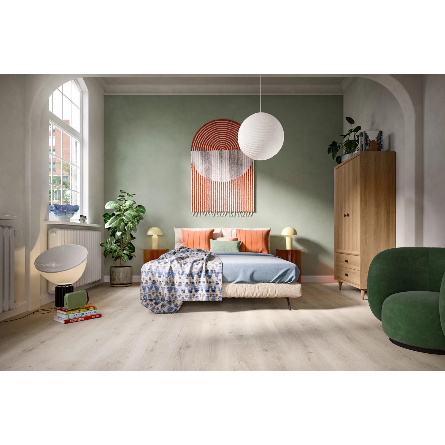 Heller Raum mit Egger Aqua-Laminatboden EL2111 NatureSense Pinot Eiche Weiß.
