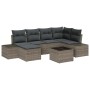 Graues 7-teiliges Garten-Sofa-Set aus Poly Rattan mit Kissen und Tisch.
