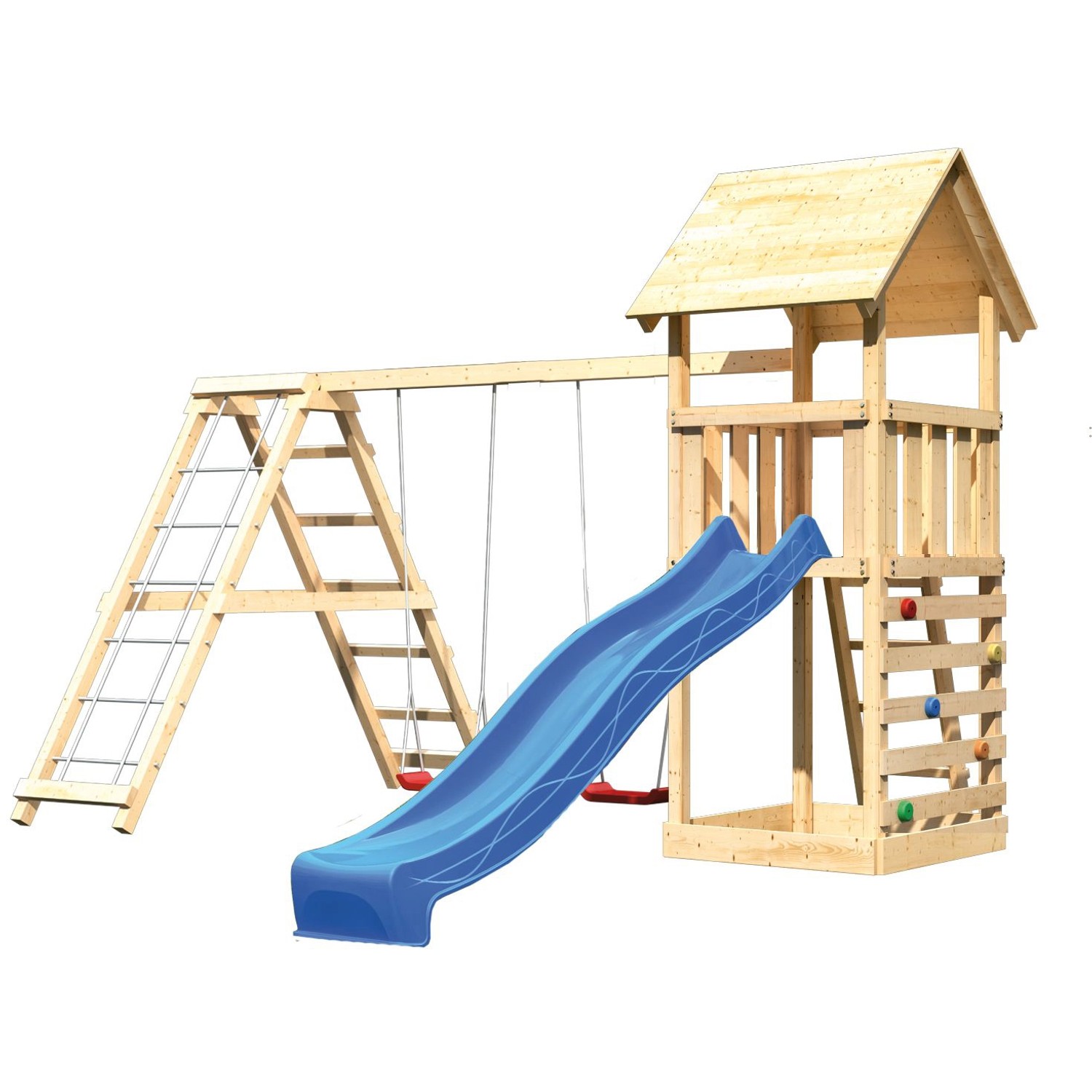 Karibu Spielturm Lotti mit blauer Rutsche, Doppelschaukel und Kletterwand aus Holz.