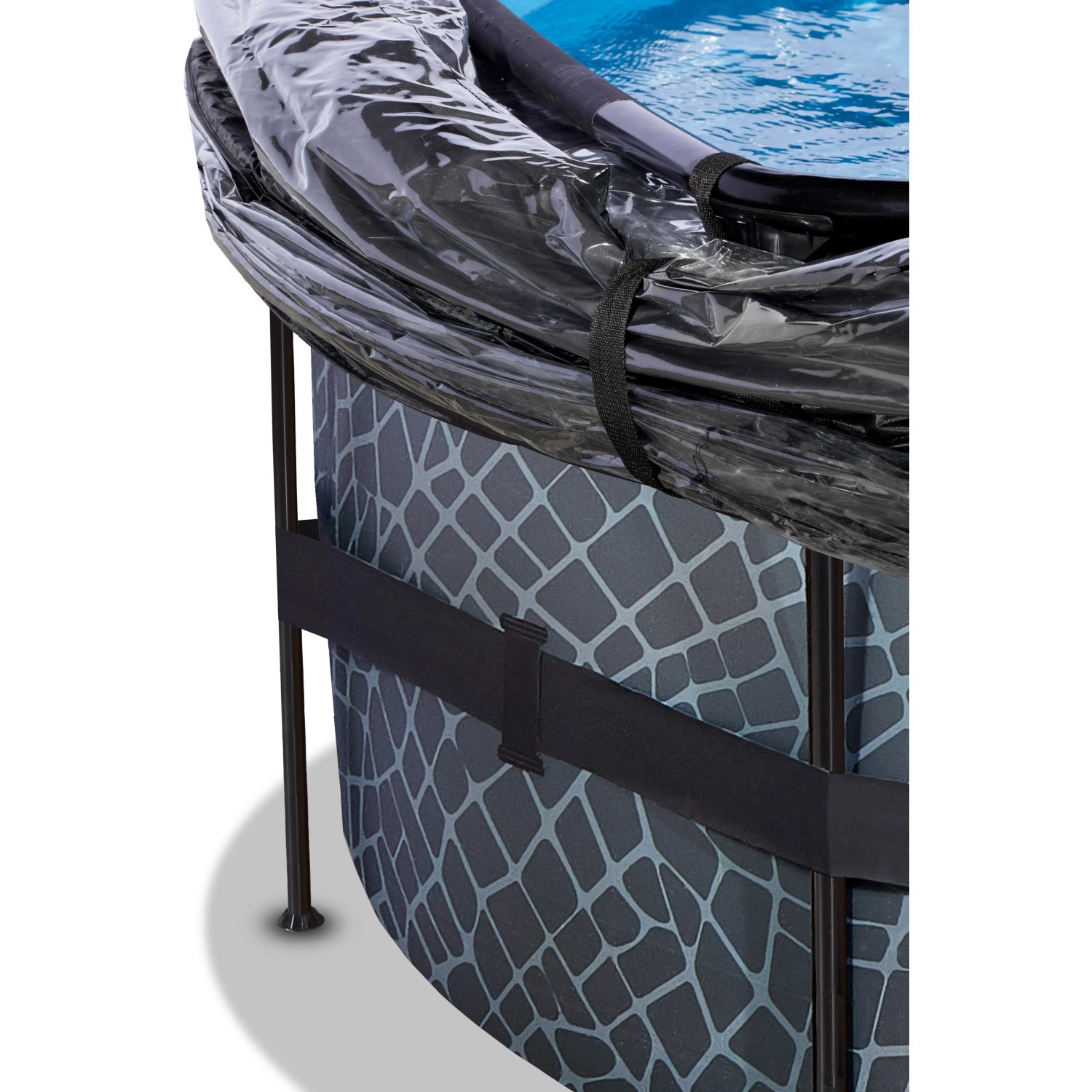 Detailaufnahme EXIT Stone Pool grau mit Abdeckung, Stahlrahmen und Steinmuster.