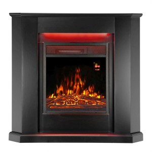 Schwarzer, dreieckiger Juskys Elektrokamin mit Heizung und Flammeneffekt.