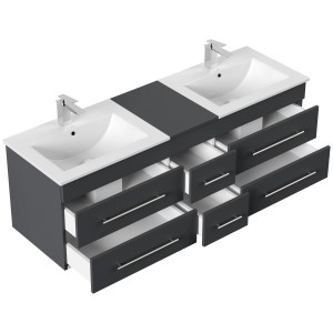 Posseik Badmöbel Nero XL Grafit, Badmöbel-Set mit zwei Waschbecken und Schubladen.