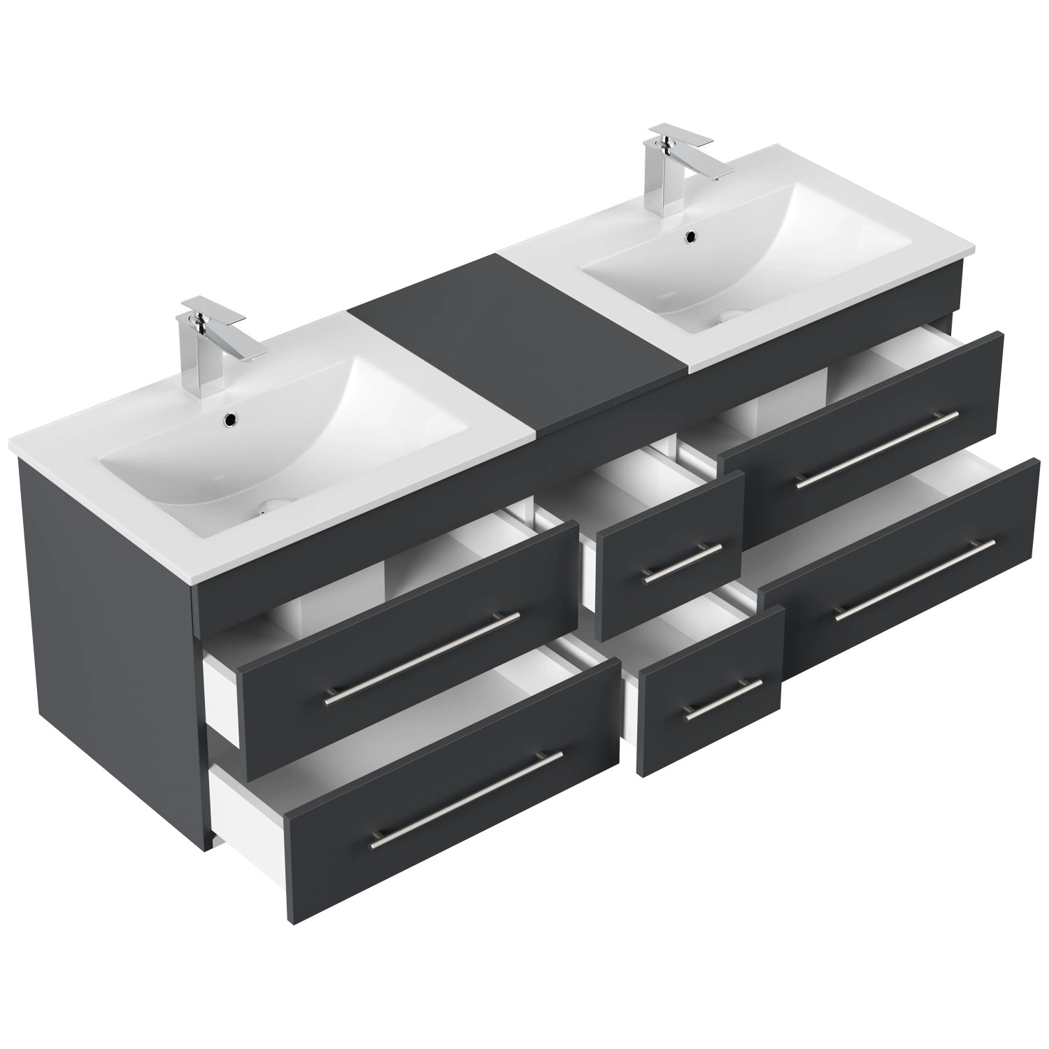 Posseik Badmöbel Nero XL Grafit, Badmöbel-Set mit zwei Waschbecken und Schubladen.