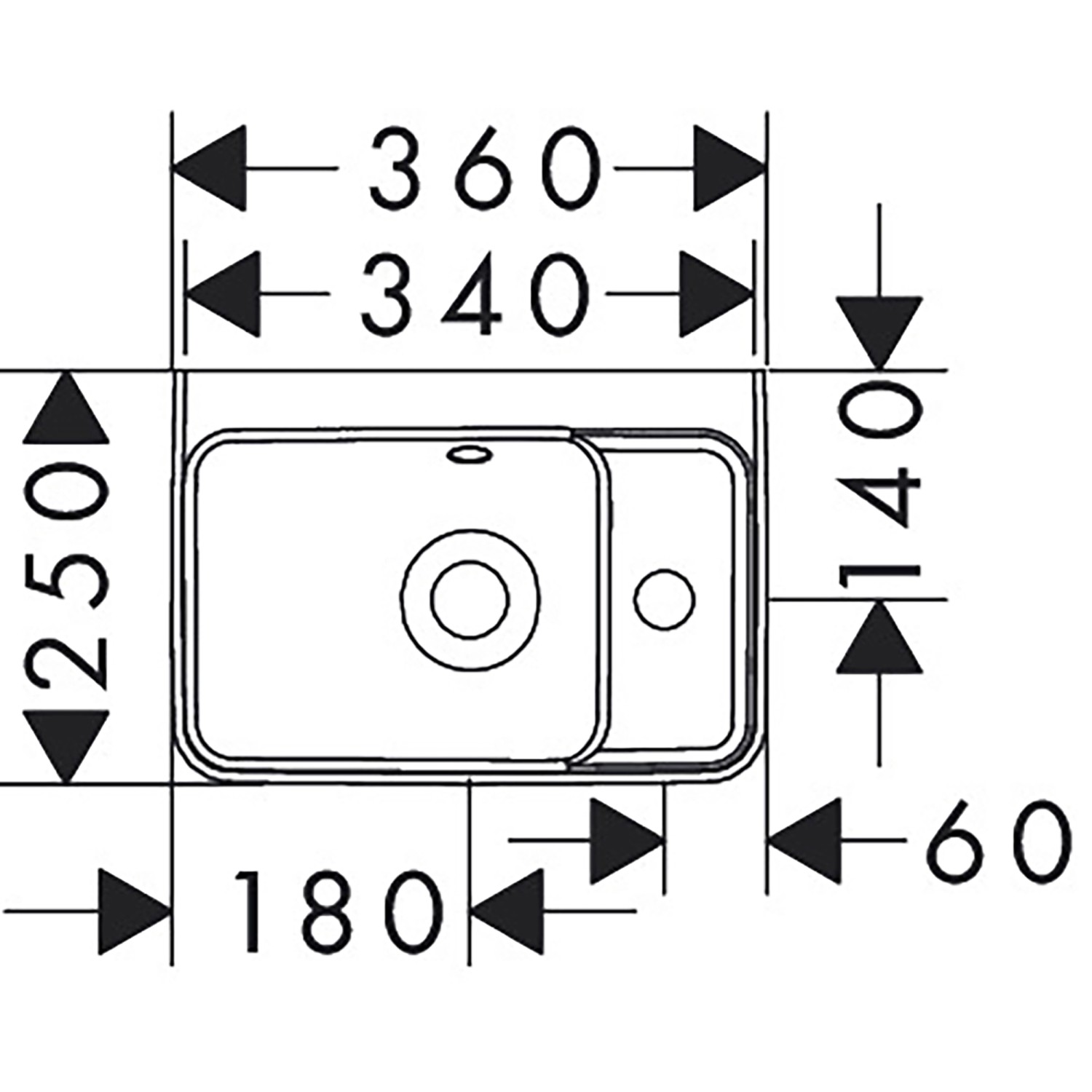 Technische Zeichnung Hansgrohe Handwaschbecken Xanuia Q, 36x25 cm, weiß, mit Maßen.