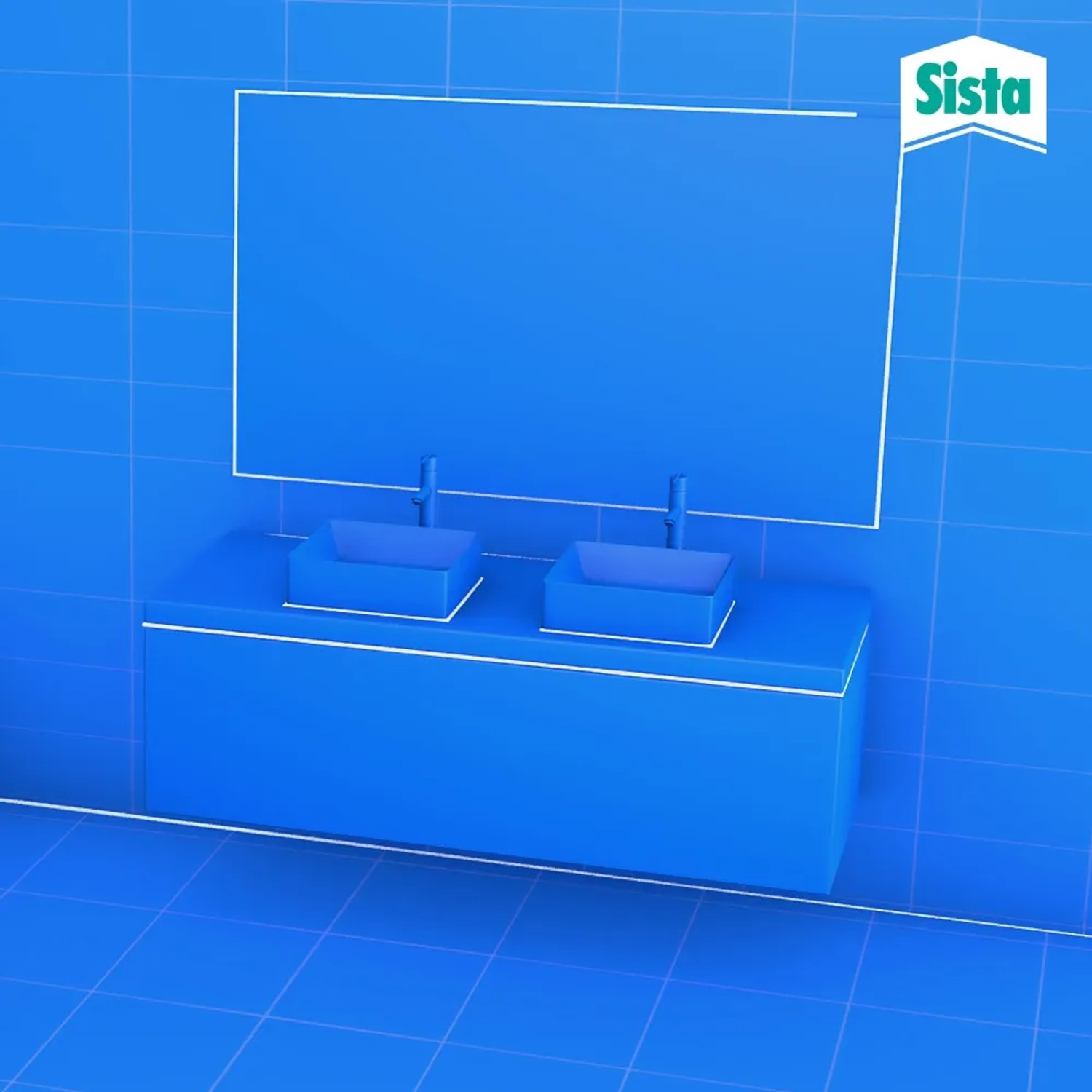 Blaues Badezimmer-Design mit Doppelwaschbecken und Spiegel, abgedichtet mit Sista Silikon Bad & Küche.