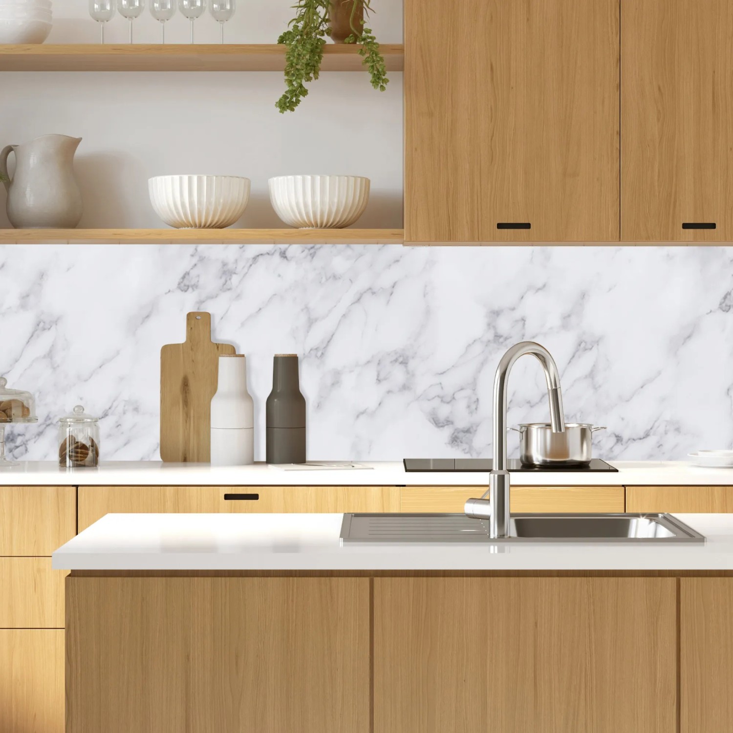 MySpotti Küchenrückwand Profix Cucina Patricia, 100x60 cm, weiß-marmoriert in moderner Küche.