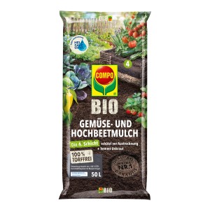 Sack Compo Bio Gemüse- und Hochbeetmulch, torffrei, 50 l. Schützt vor Austrocknung und Unkraut.