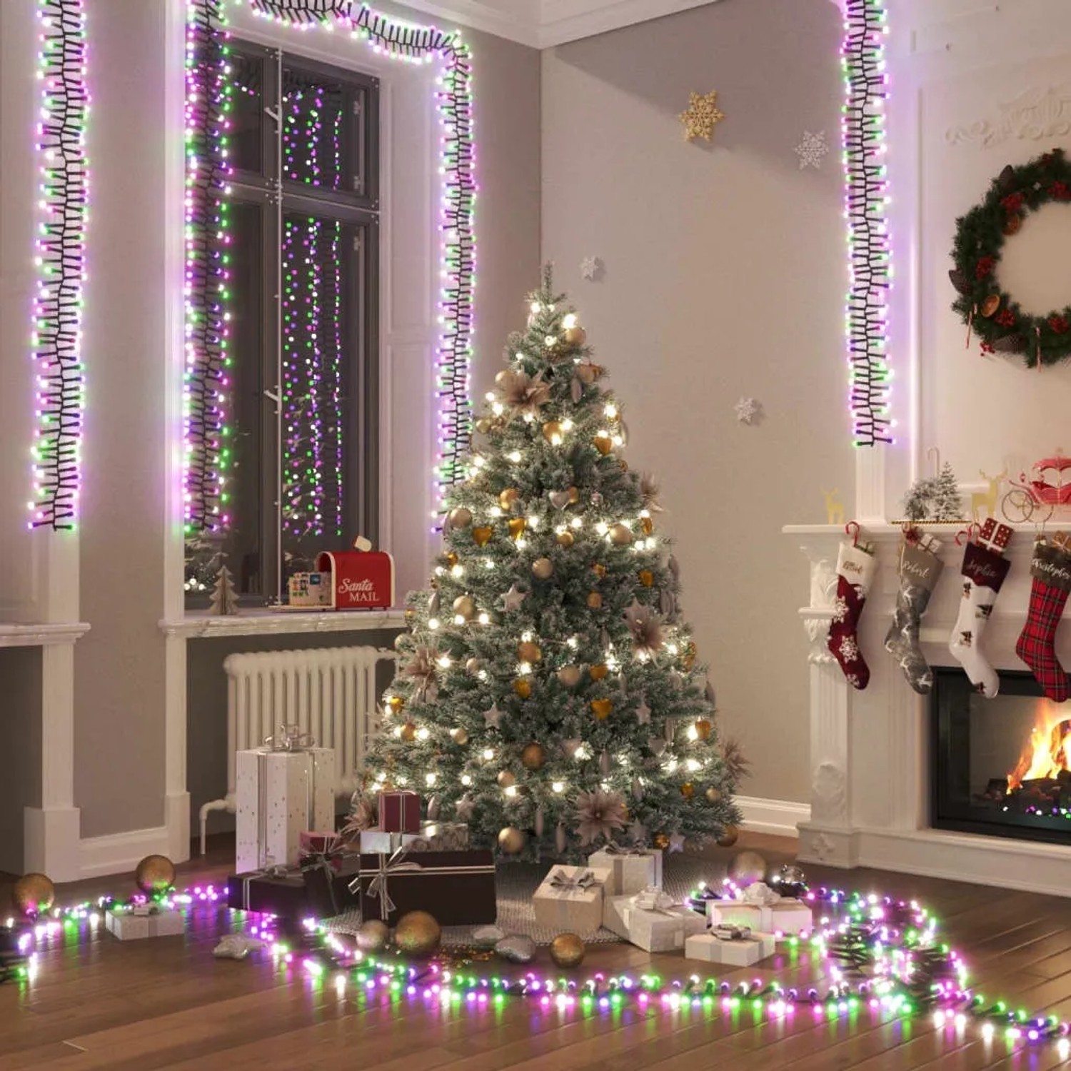 Dichte, pastell-mehrfarbige LED-Lichterkette (3000 LEDs, 23m) schmückt festlich einen Weihnachtsbaum und Raum.