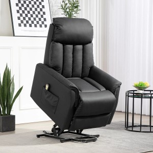 Schwarzer HOMCOM Relaxsessel mit Aufstehhilfe und Liegefunktion im Wohnzimmer.