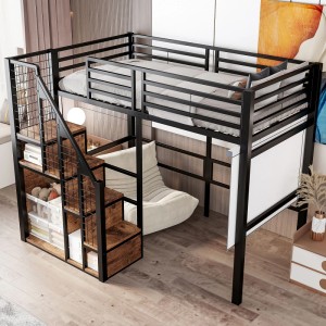Merax Hochbett 90x200cm aus schwarzem Metall mit Treppe, Ablagen und Freiraum darunter.