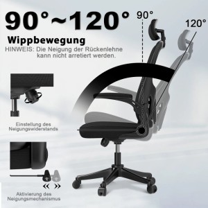 Ergonomischer, schwarzer Buerostuhl mit verstellbarer Rueckenlehne, Kopf- und Lendenstuetze.