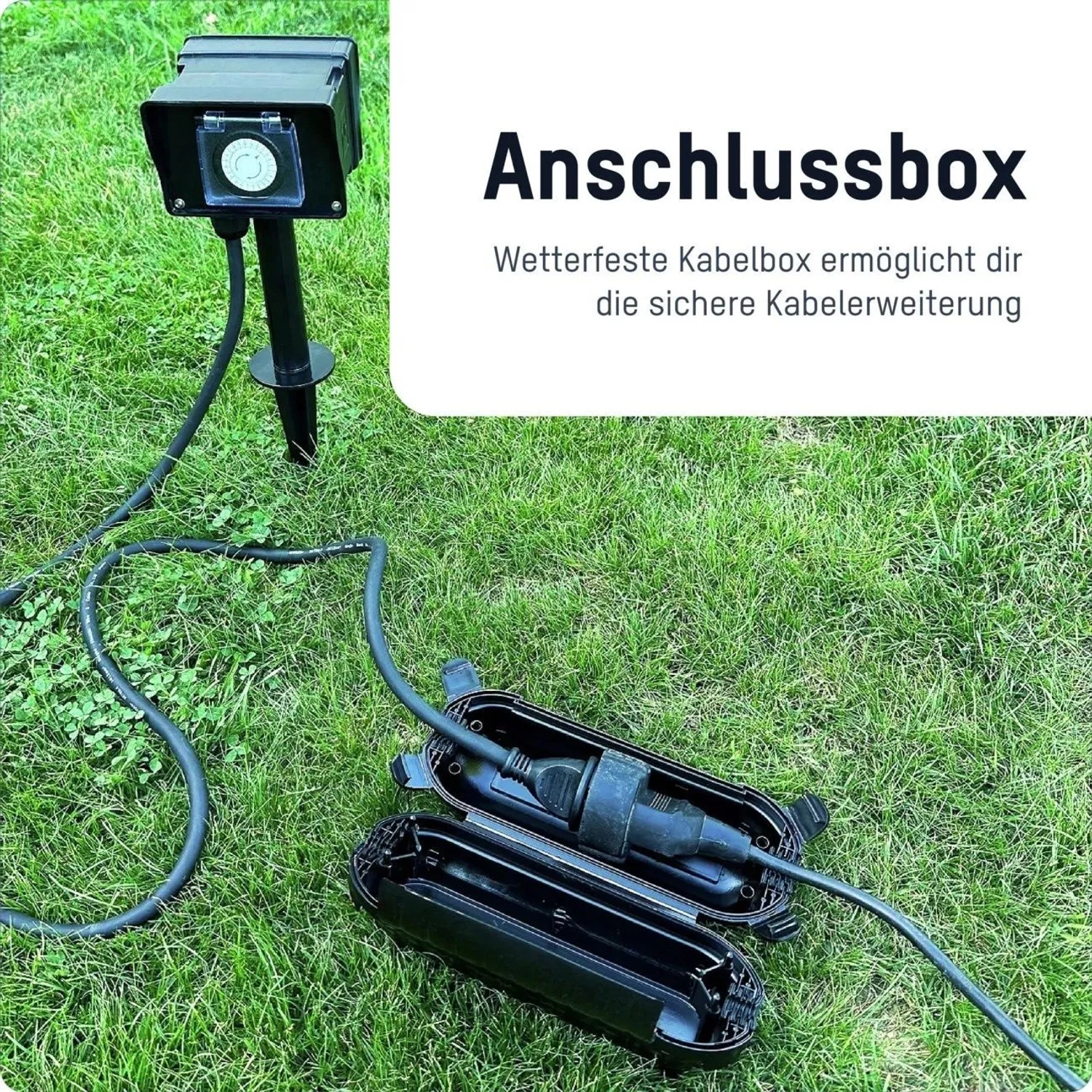 Westfalia Outdoor Zeitschaltuhr mit 2 Steckdosen und wetterfester Kabelbox im Garten.