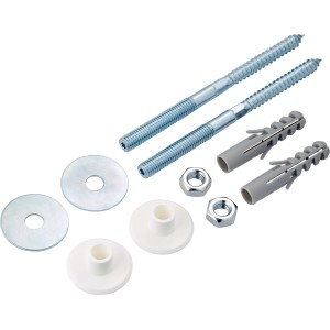LUX Befestigungssatz für Waschtische: Stockschrauben, Dübel, Muttern und Schiebehülsen.