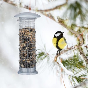 Silberner Vogelfutterspender mit Futter und Meise auf Ast, 2er Set zum Aufhängen.
