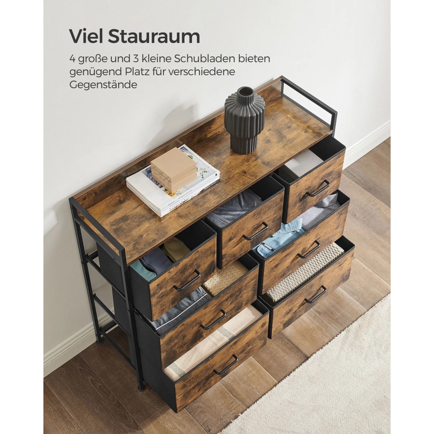 Songmics Kommode mit 7 Schubladen (braun-schwarz), ideal für Wohnzimmer & Schlafzimmer.