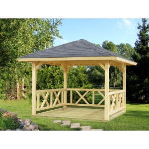 Palmako Holz-Pavillon Betty, naturbelassener Gartenpavillon mit dunklem Dach und Holzgeländer im Garten.