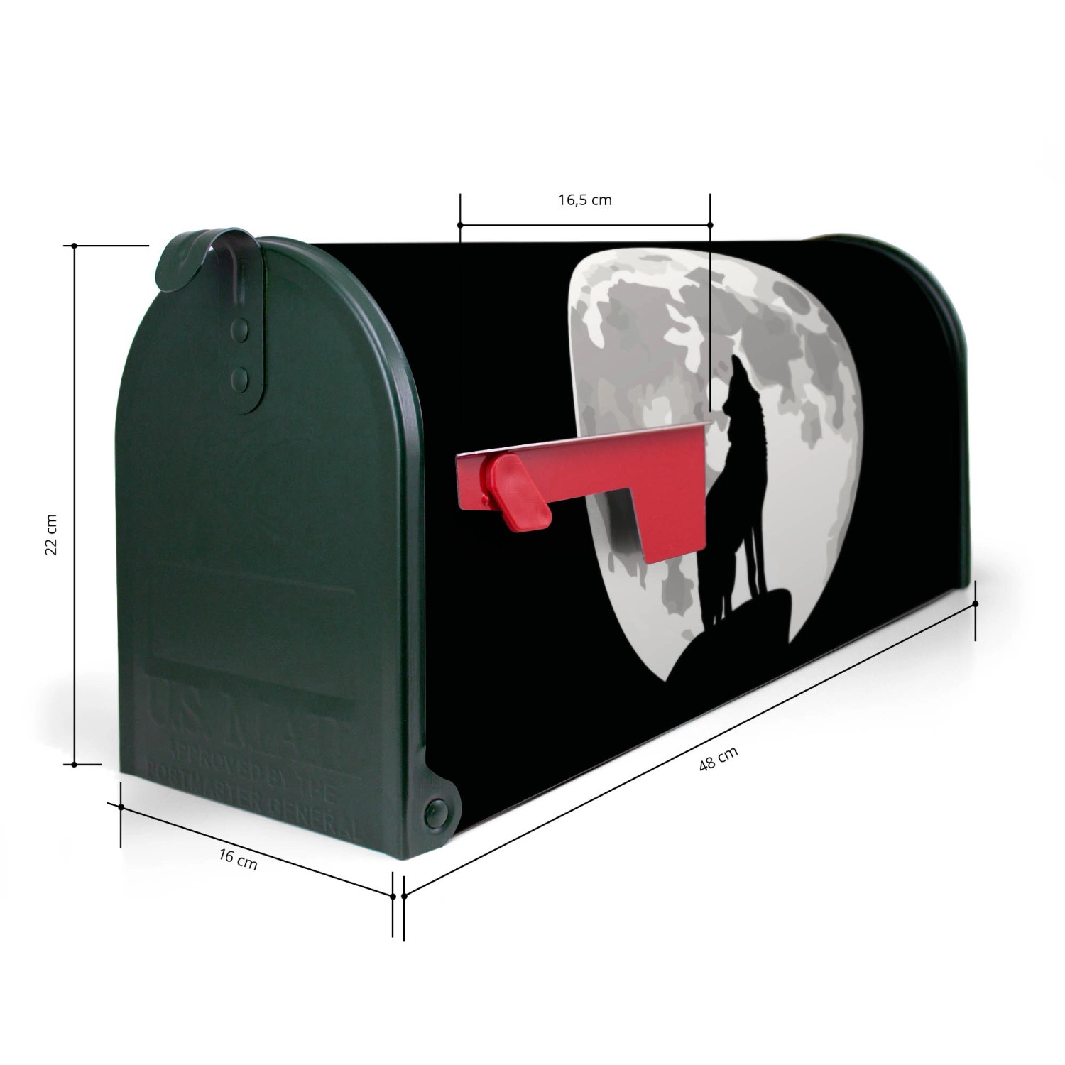 Grüner Banjado US Briefkasten mit Wolf Motiv und roter Fahne, 48x22x16cm.