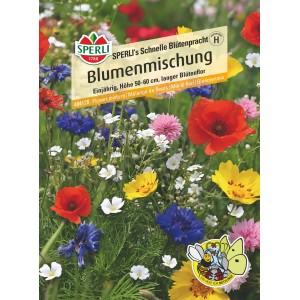 Samenpackung Sperli's Schnelle Blütenpracht: Bunte Blumenmischung mit Mohnblumen, Kornblumen und Margeriten.