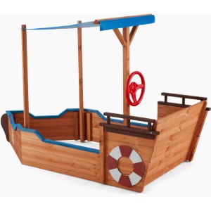 Home Deluxe Sandkasten Matschekiste in Schiffsform mit Sonnendach, Steuerrad und Rettungsring.
