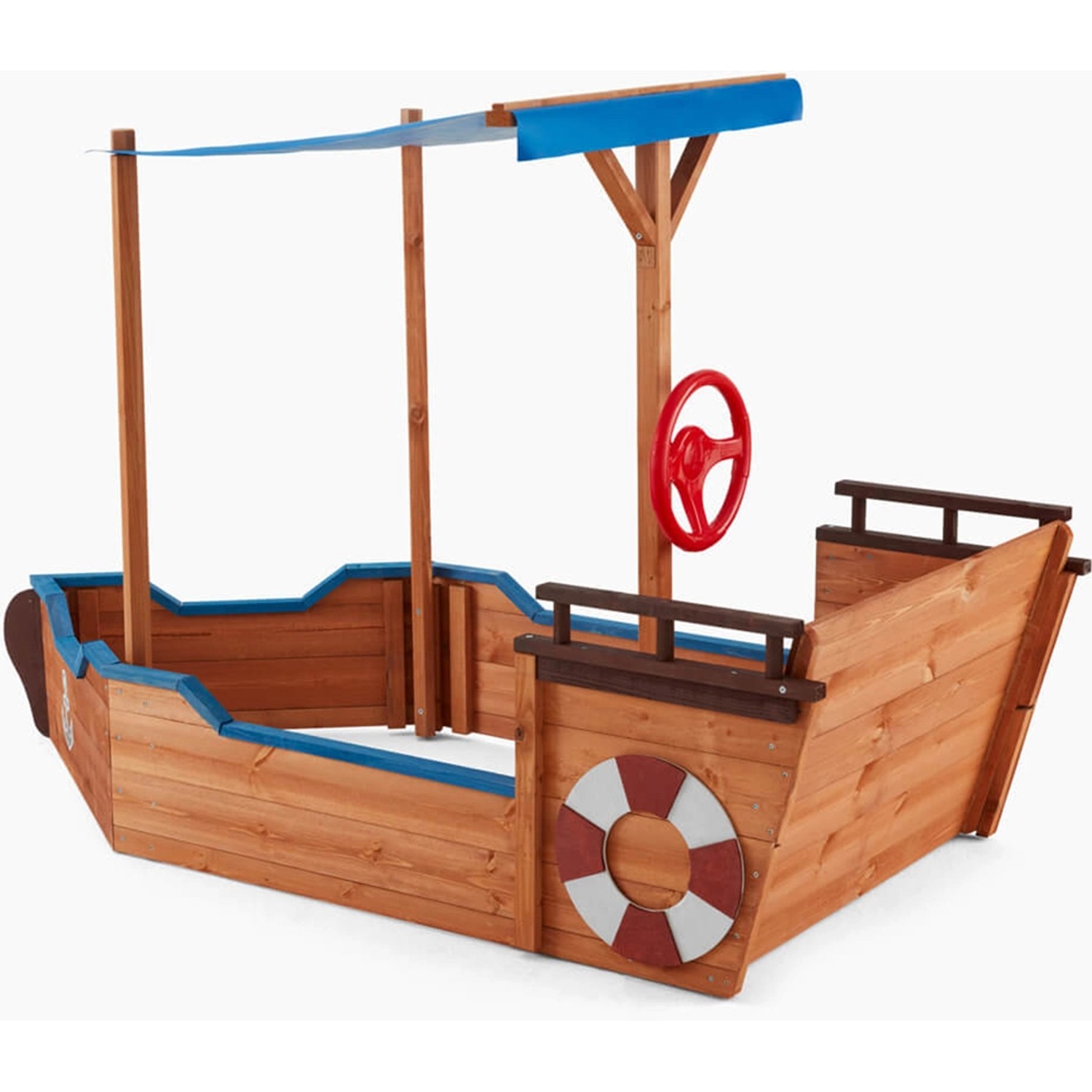Home Deluxe Sandkasten Matschekiste in Schiffsform mit Sonnendach, Steuerrad und Rettungsring.