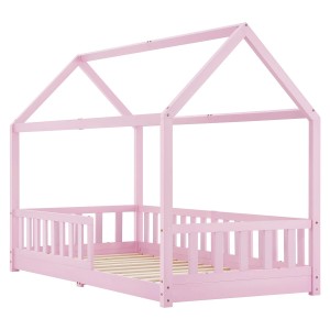 Rosa Juskys Kinderbett Marli 90x200 mit Matratze, Lattenrost und Haus-Dach Optik.