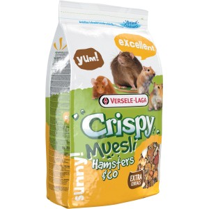Versele-Laga Crispy Müsli Hamsterfutter, 1kg Packung mit Hamster-Abbildung.