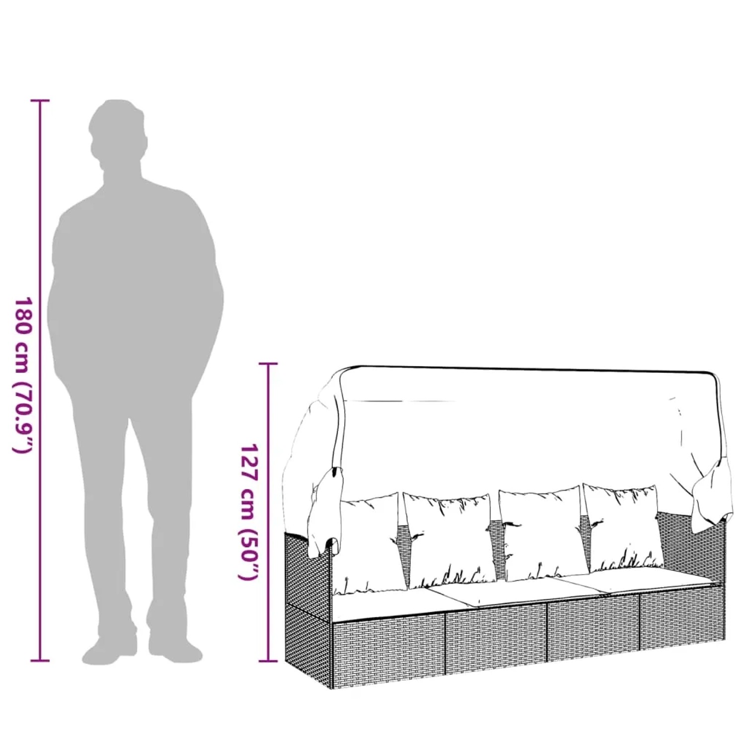Graues vidaXL Outdoor-Loungebett mit Dach und Kissen. Poly Rattan Gartenmöbel für entspannte Stunden.