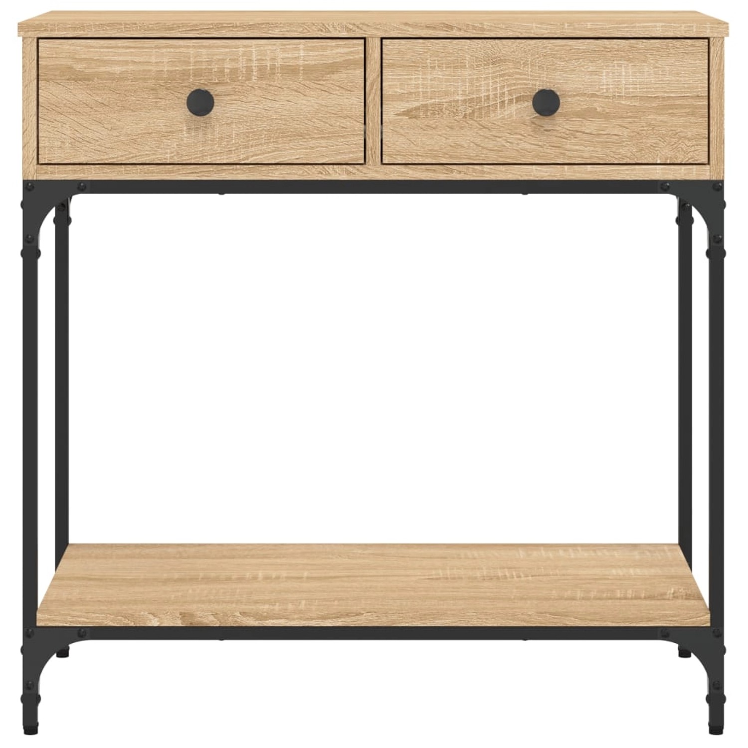 vidaXL Konsolentisch Sonoma-Eiche mit 2 Schubladen und Ablage, Holzwerkstoff und Metallgestell.