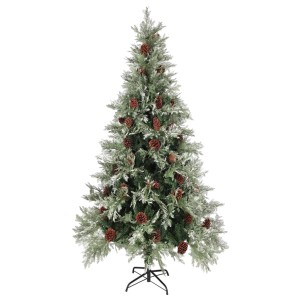 Geschmückter, grüner, künstlicher Weihnachtsbaum (225 cm) mit Kiefernzapfen und Schnee-Effekt.